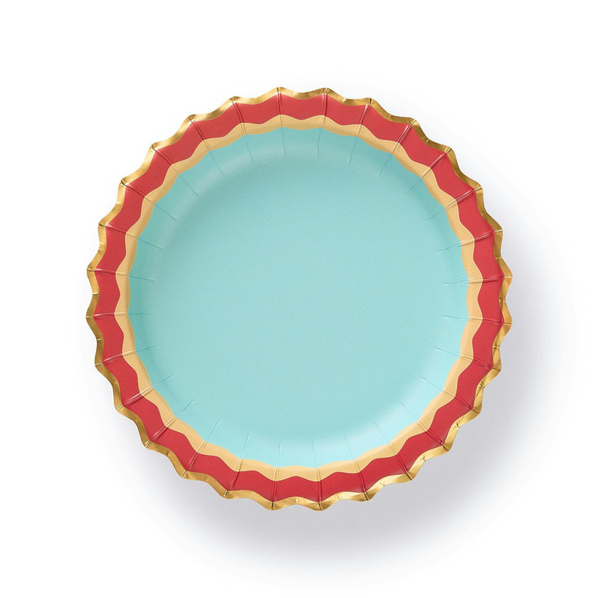 Packed Party Rainbow Ric Rac 10ct Paper Dessert Plates | Gold Foil Scalloped 5-Color Mix Party Plates | 8 Inch Birthday Plates