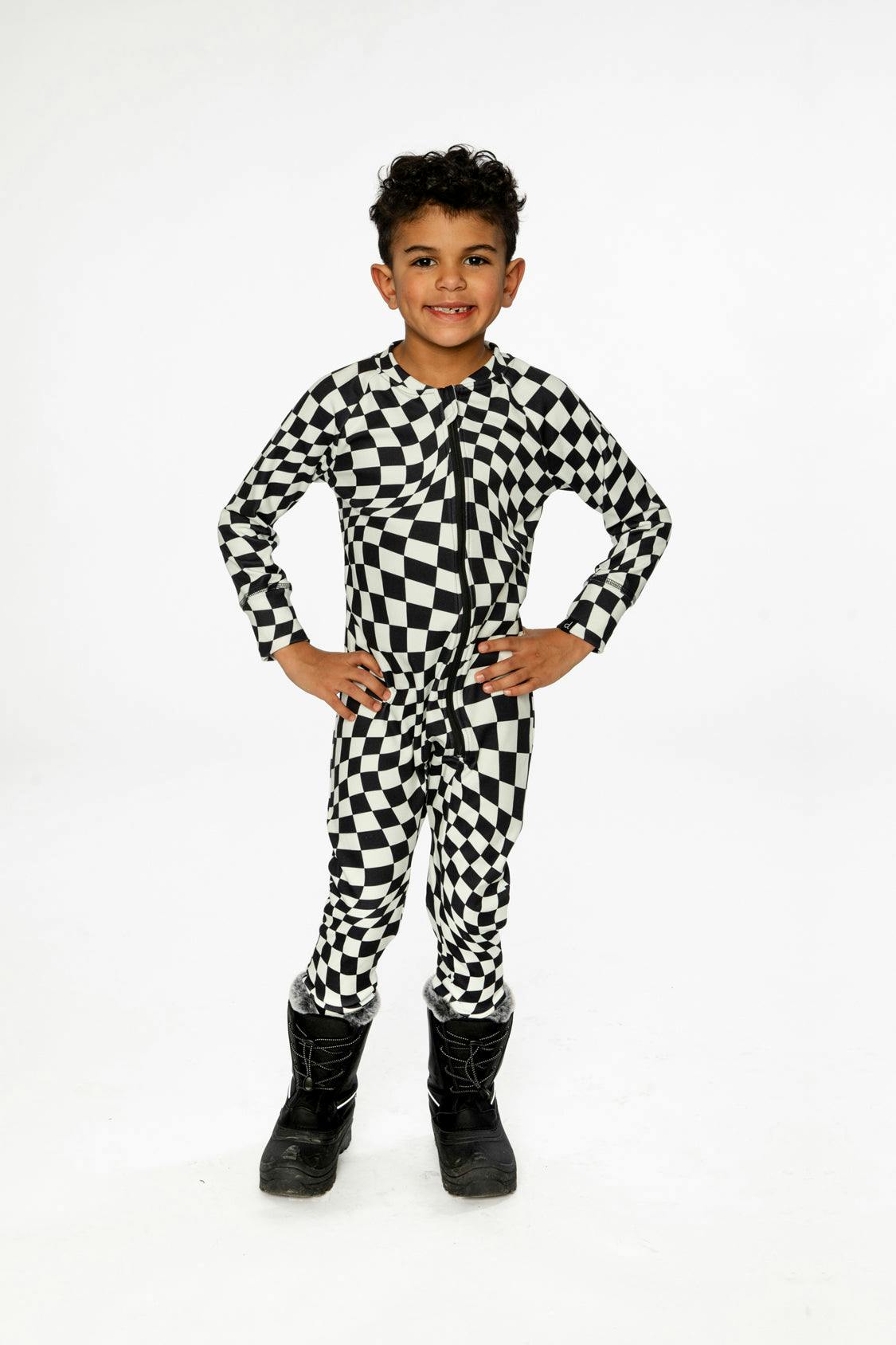 One Piece Thermal Underwear White Checkered Print