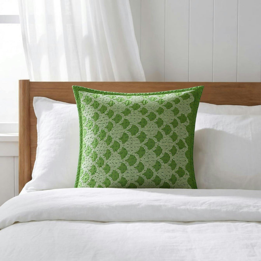 Artisan Hand Loomed Cotton Square Pillow - Green Ginkgo Design - 24"