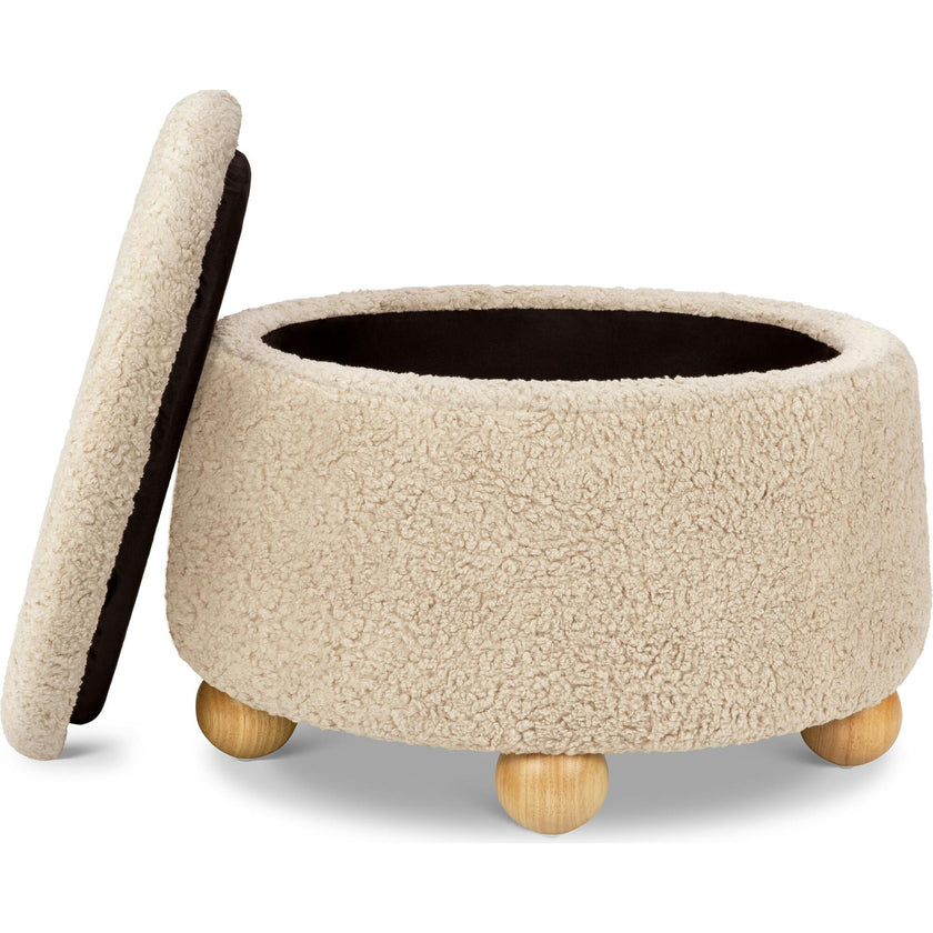Tuffet Storage Ottoman in Chai Shearling with Honey Ball Feet
