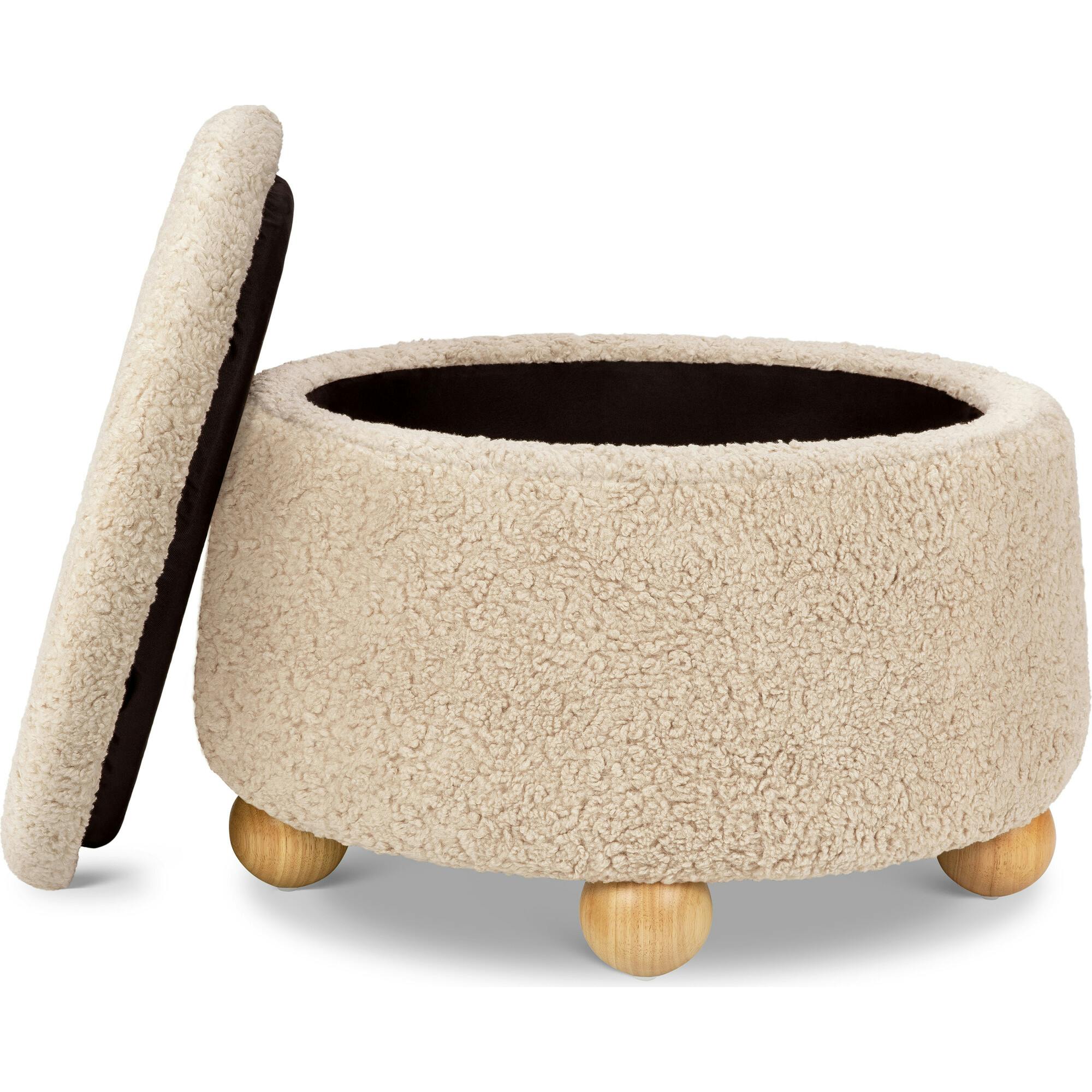 Tuffet Storage Ottoman in Chai Shearling with Honey Ball Feet