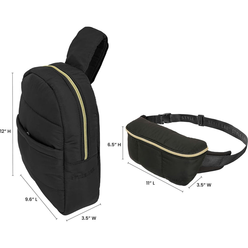 Style.Lab: Bekah Puffer Crossbody Backpack Belt Set - Black
