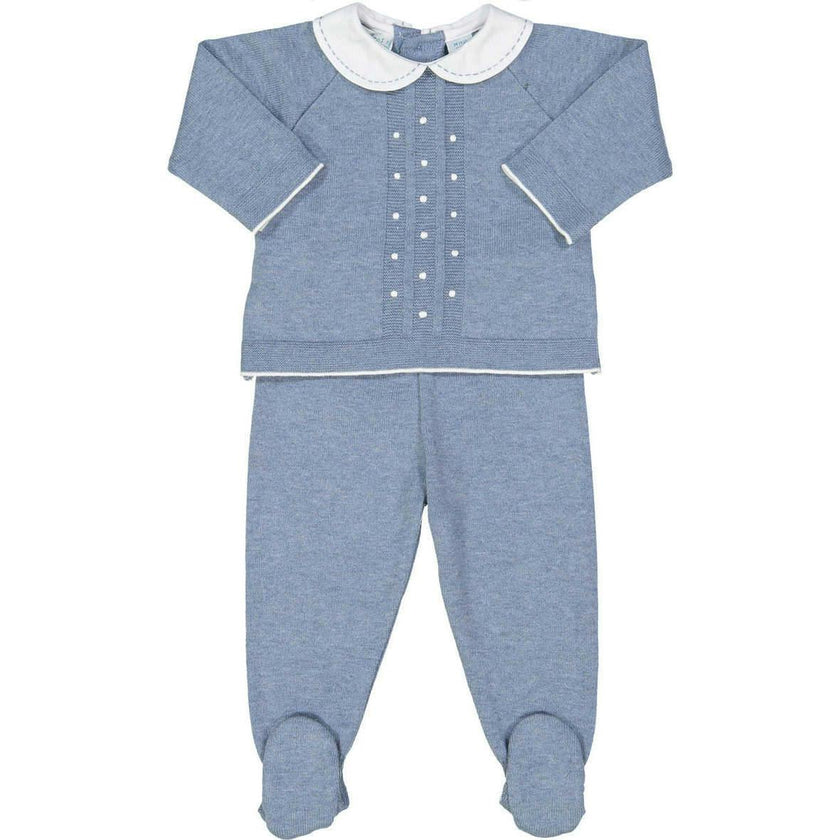 Pique Collar Dot Knit Set Blue