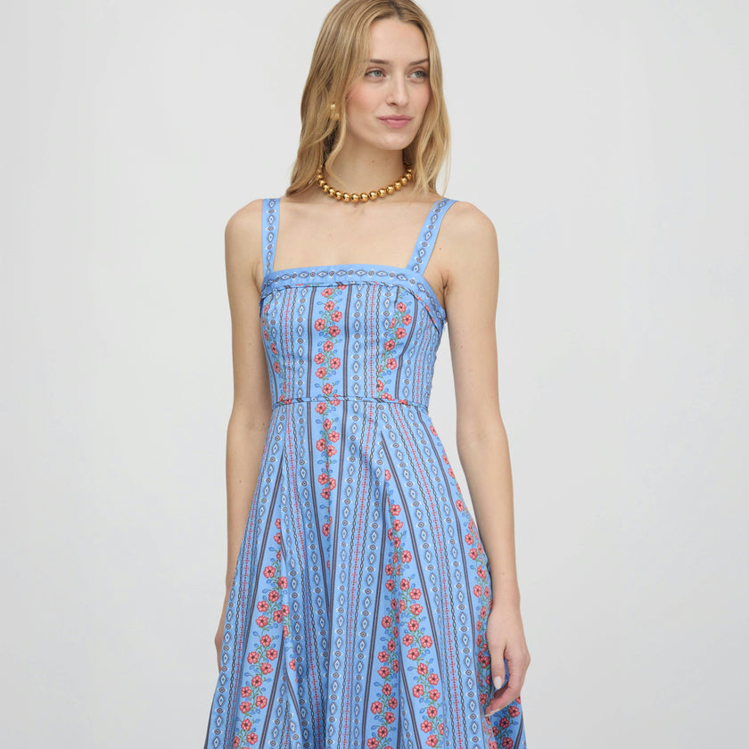 The Ezra Dress - Blue Floral Batik Stripe