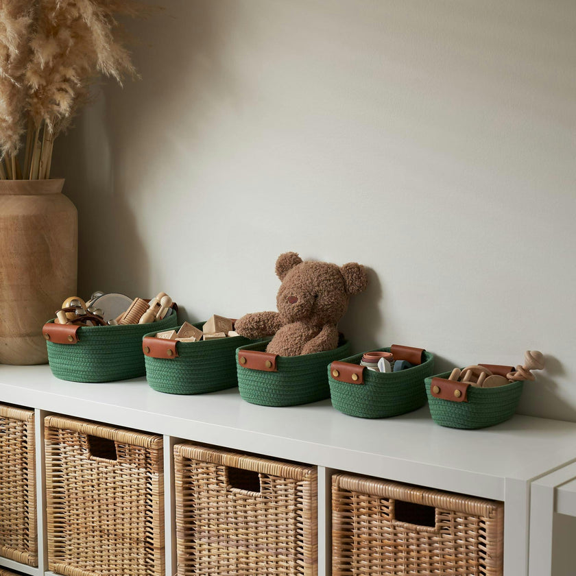 Beautiful Storage Basket Set of 5 - Modern Cotton Rope Baskets for Organizing Shelves - Perfect Bins for Nursery, Changing Table, Office and Living Room
