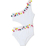 Pom Pom Trim Side-Cut One Shoulder Sleeveless Swimsuit