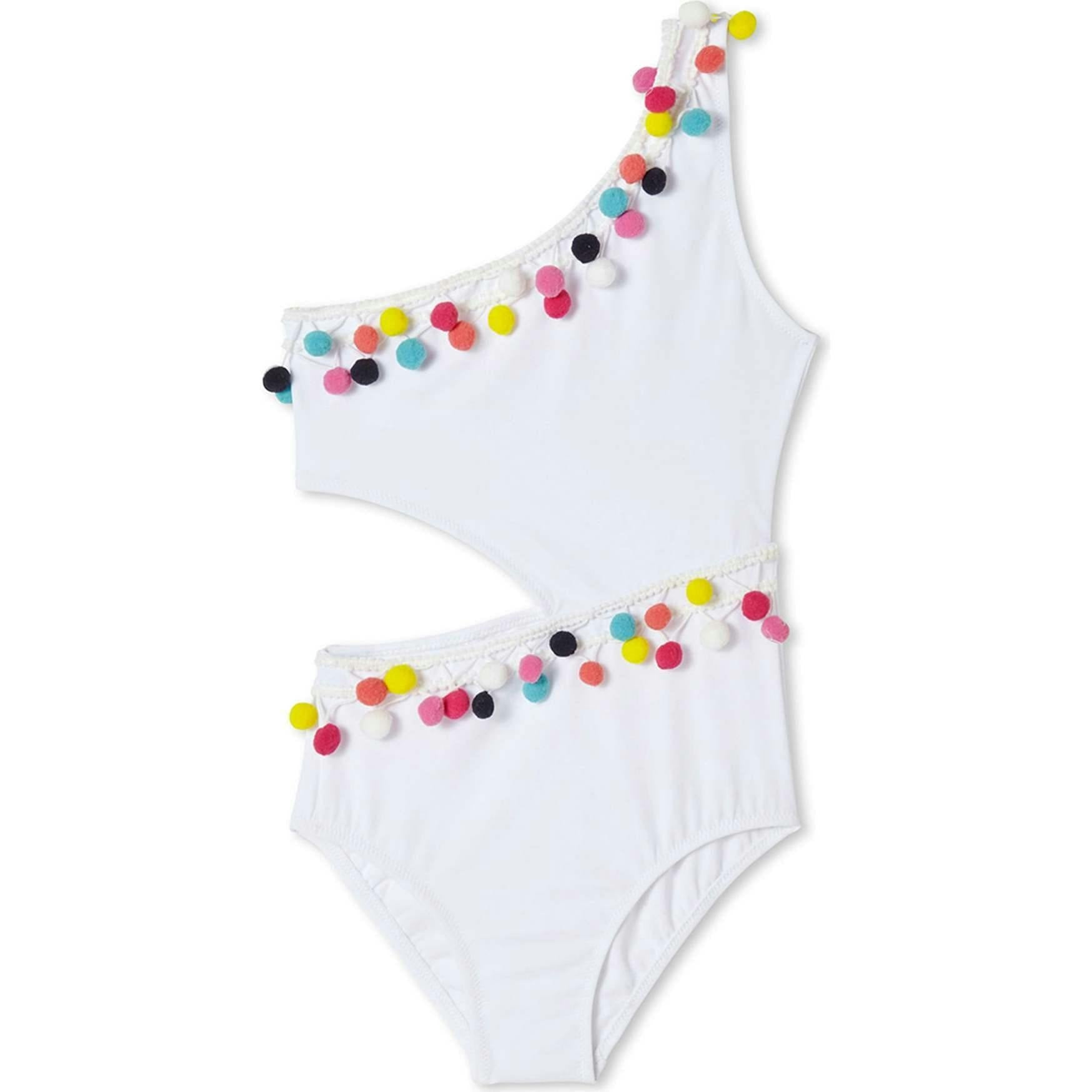 Pom Pom Trim Side-Cut One Shoulder Sleeveless Swimsuit