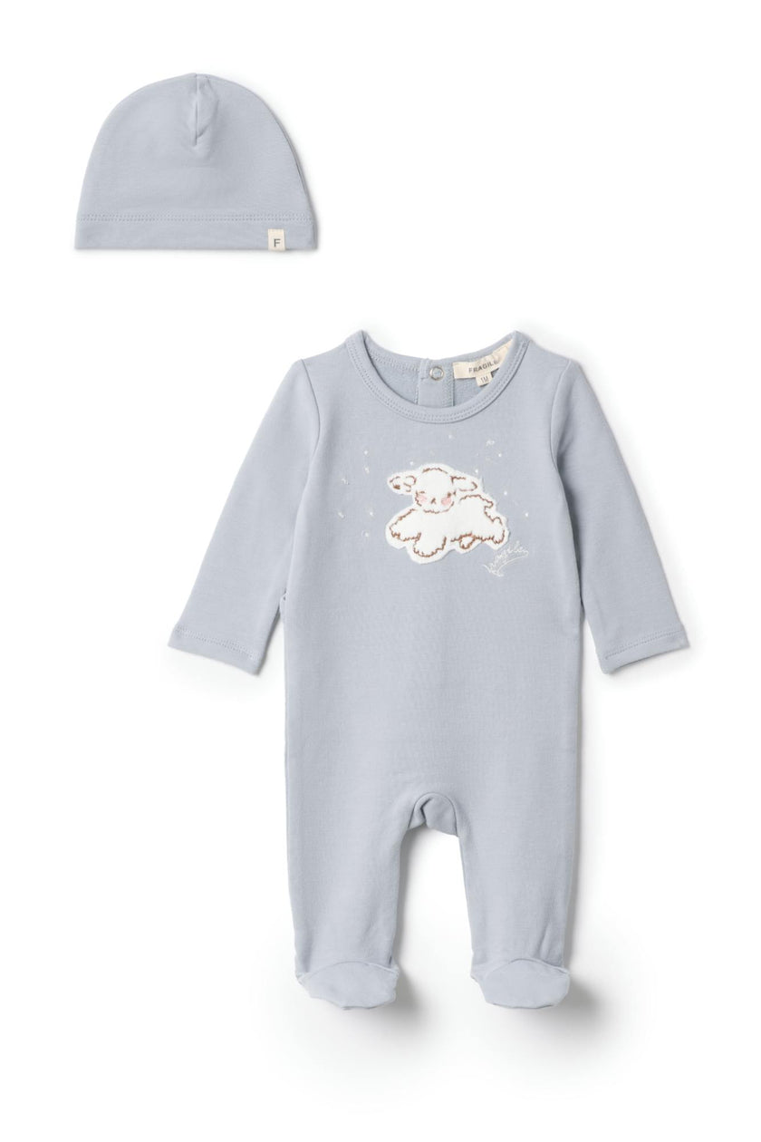 Sheep Embroidered Snap Front Romper and Hat Two Piece Set