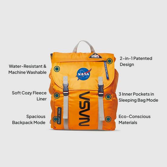 Sleep-N-Pack™ – Big Kid Size | NASA Official Logo & Patches | 2-in-1 Backpack & Sleeping Bag with Cozy Fleece Liner - ORANGE