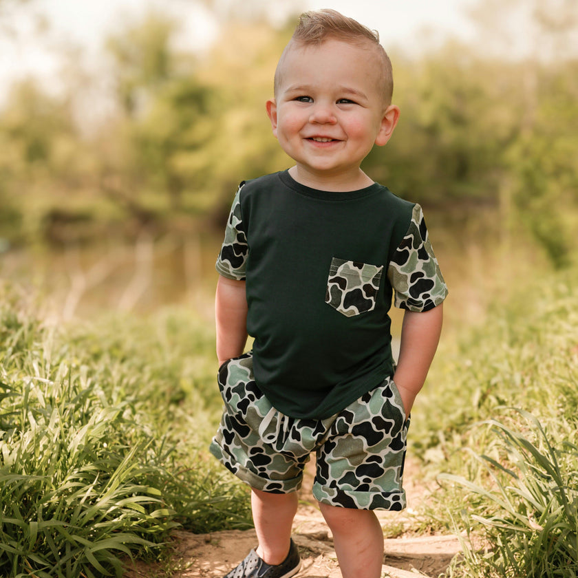 Green Distressed Camo Lounge Pocket Tee & Shorts Set