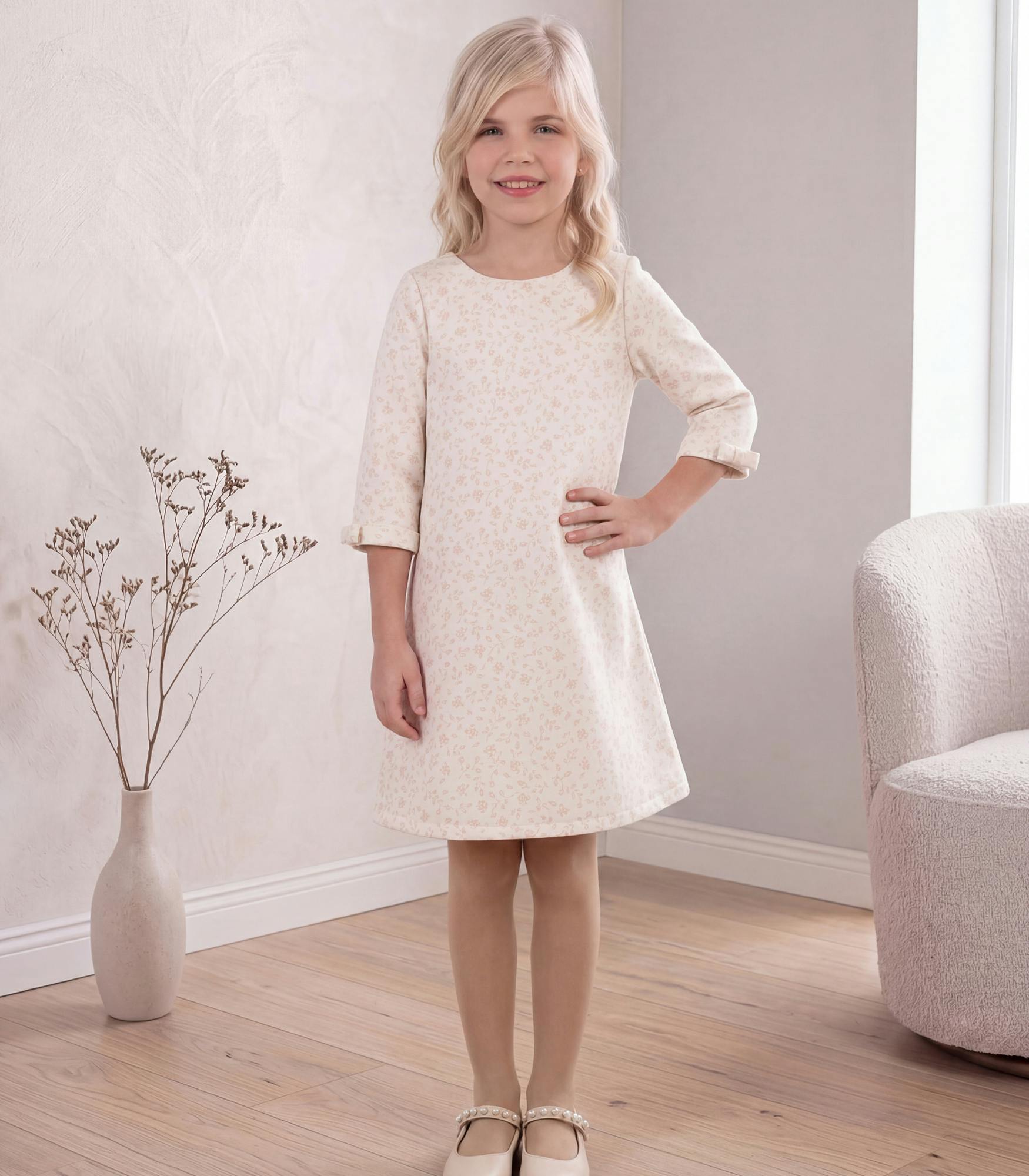 Camille Girl Dress, White Gold Lily