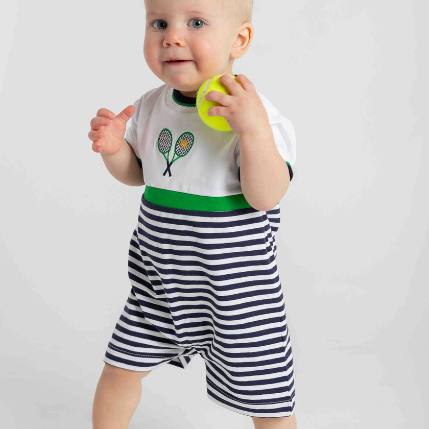 Stripe Knit Shortall with Tennis Rackets