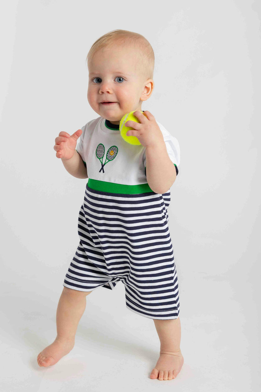 Stripe Knit Shortall with Tennis Rackets