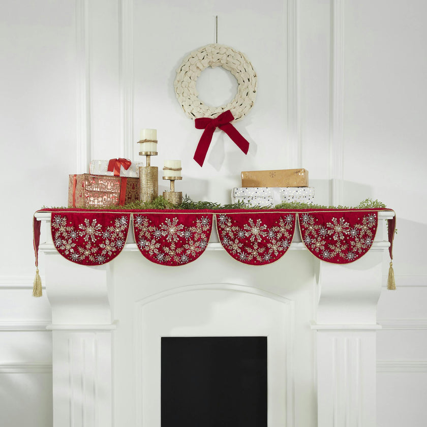 Red Velvet Mantel Scarf Hand Beading and Crewel Embroidery - 72"