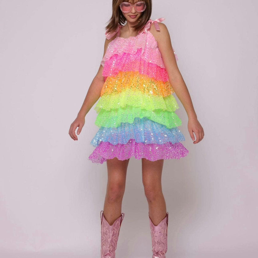Neon Sequin Ruffle Dress With Tie Shoulders