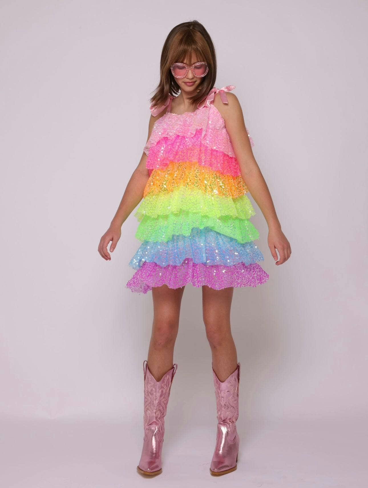 Neon Sequin Ruffle Dress With Tie Shoulders