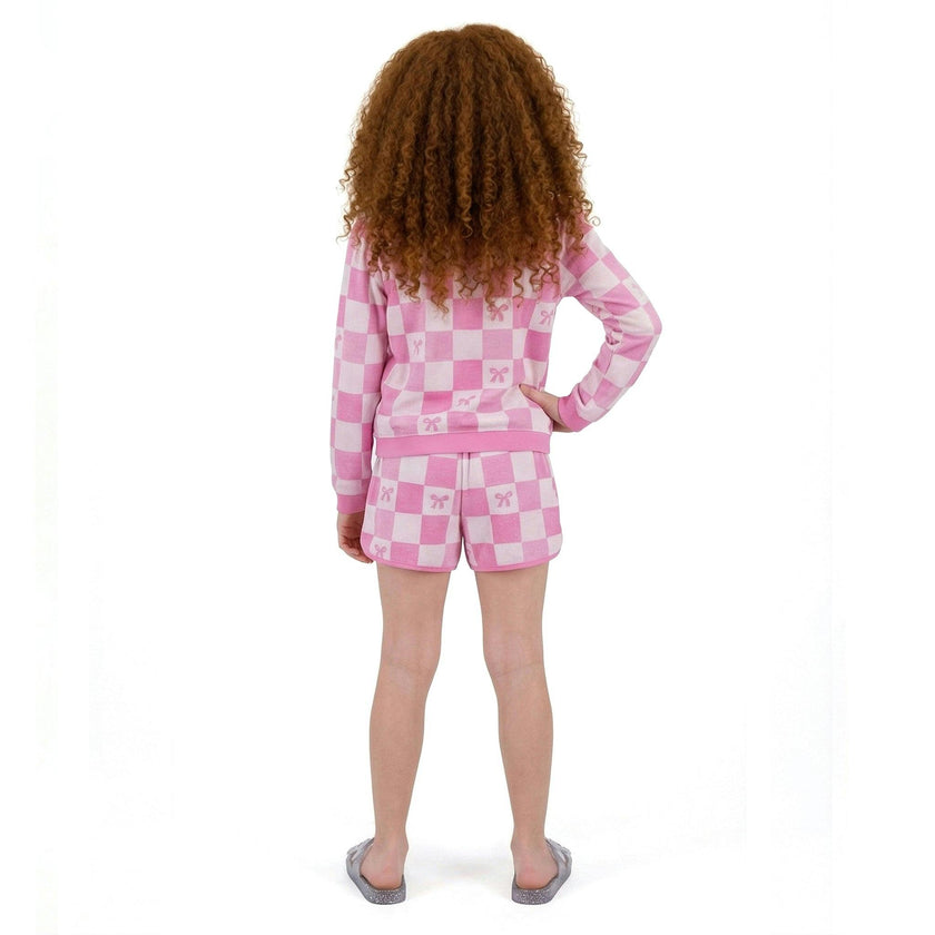 Tween Girls Terry Pull-Over & Short Set | Checkered Bow