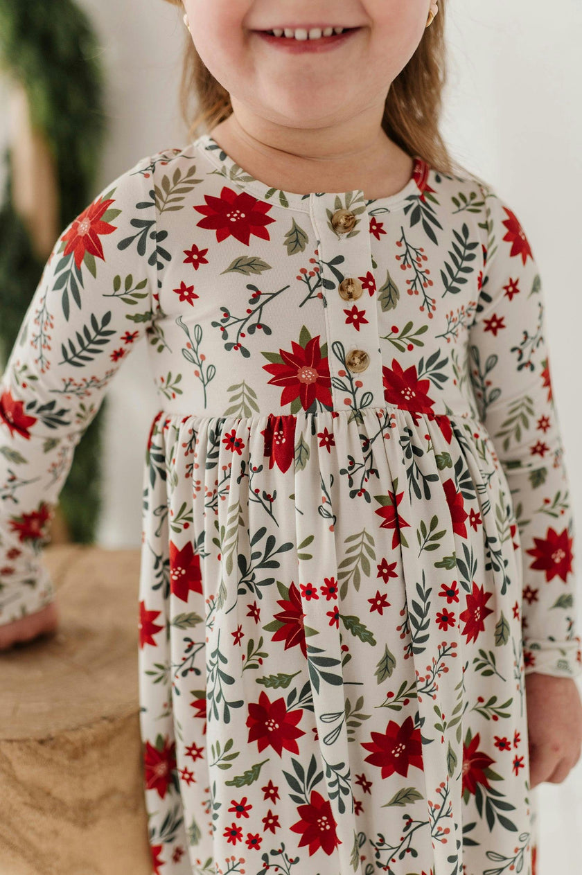 Girls Long Sleeve Henley Dress in Poinsettia