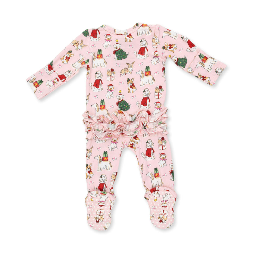 Christmas Dogs Pink - 2 Way Ruffle Back Zipper Footie