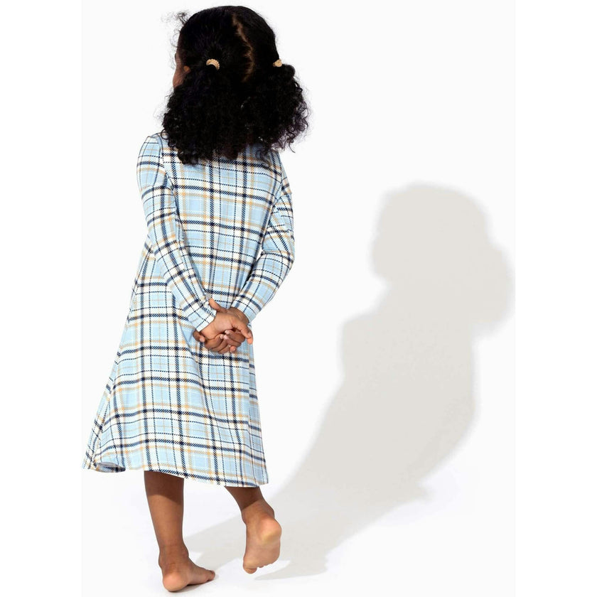 Holiday Plaid Blue Bamboo Girls' Long Sleeve Dress