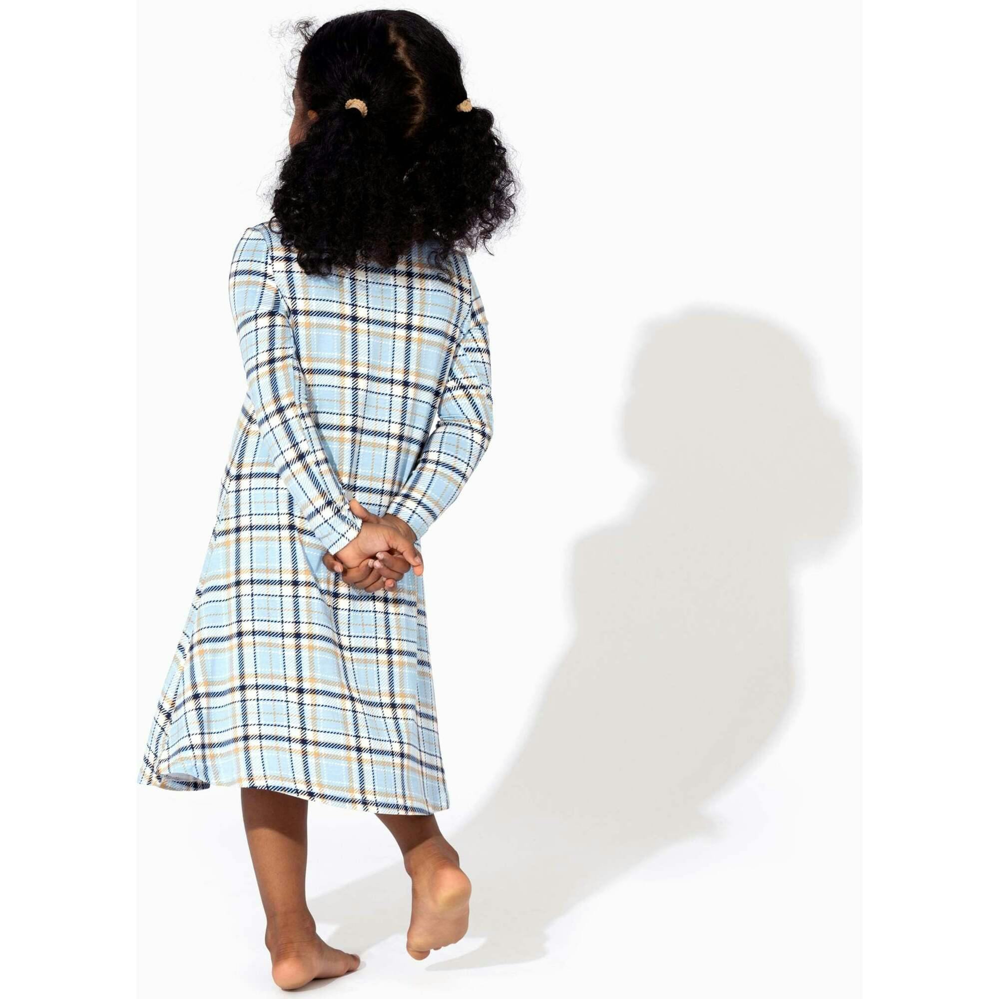 Holiday Plaid Blue Bamboo Girls' Long Sleeve Dress