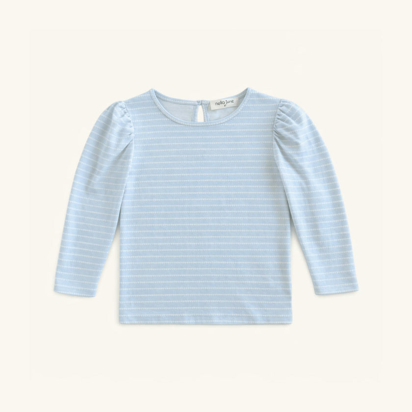 Long Sleeve Puff Sleeve Tee in Blue & White Heart Stripe