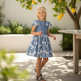 Enissa Girl Dress Short Sleeve, Blue Denim Flower