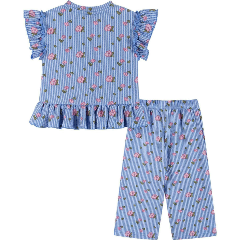 Infant Girls Knit Seersucker Top & Pant Set | Blue Floral