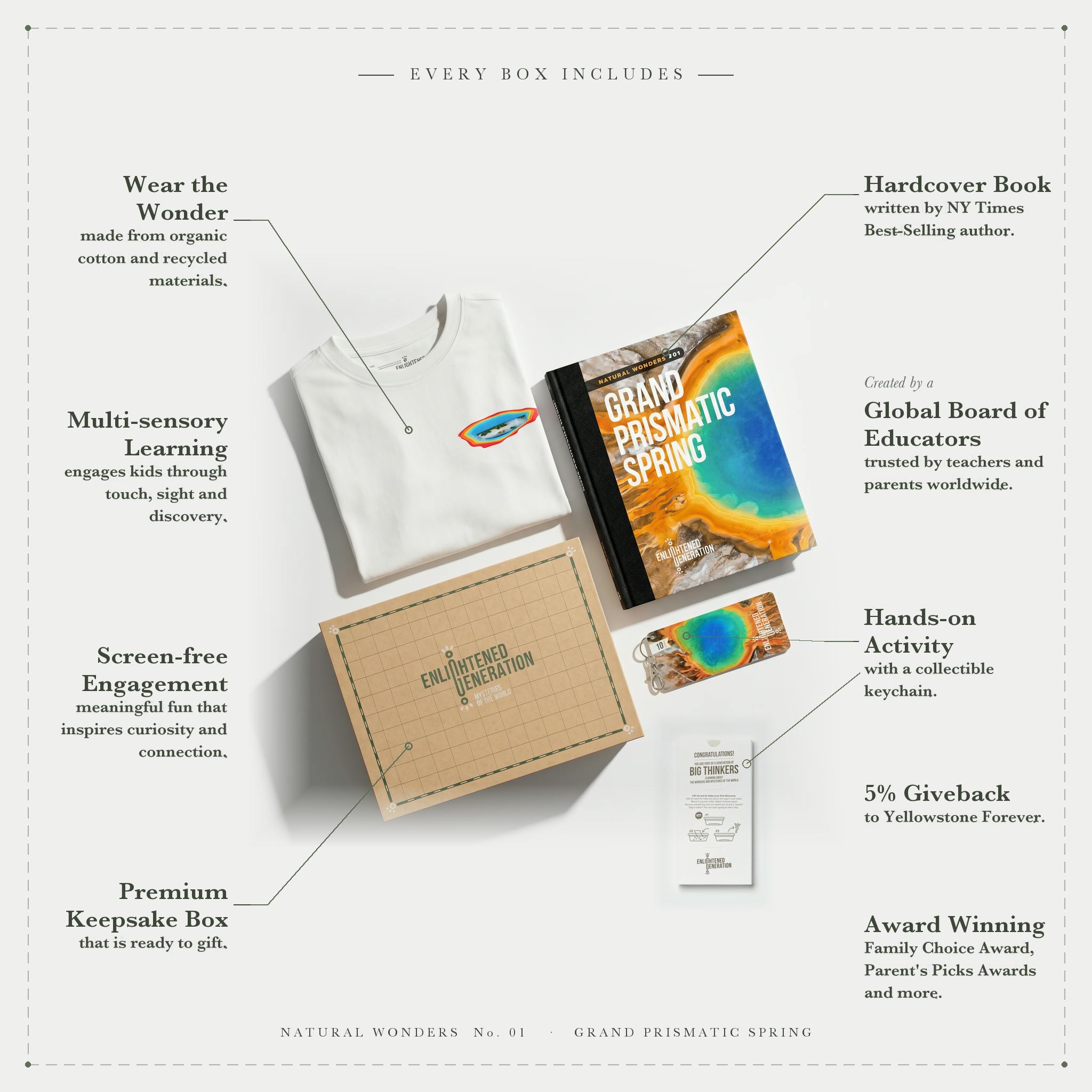 Grand Prismatic Spring Gift Box with Secret Rainbow Pocket Kids Tee, Book, and Activities