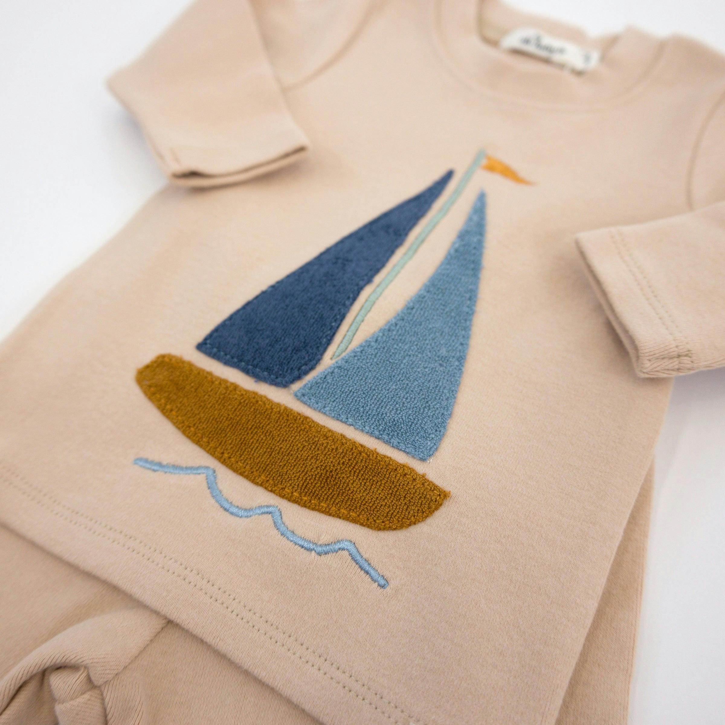 Denim Sailboat Terry Applique Two Piece Set
