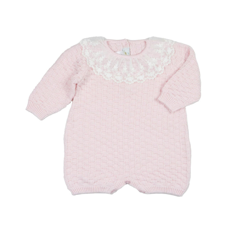 Baby Girl Basketweave Knit Romper with Lace Collar Pink