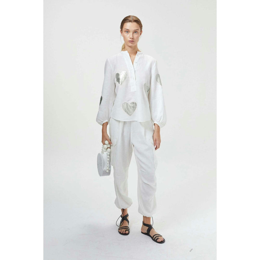 Cupid Linen Shirt - Off-white with Silver Hearts
