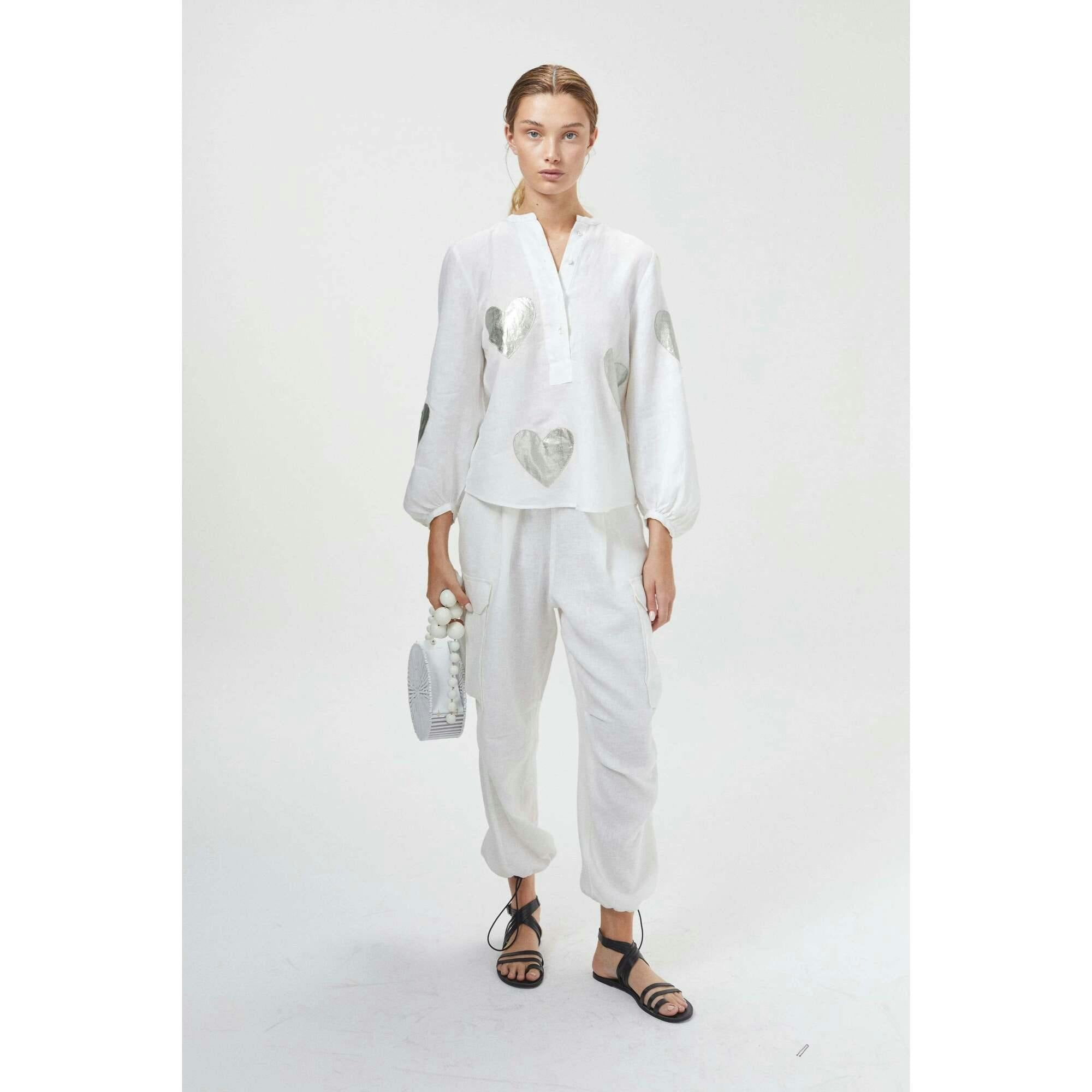 Cupid Linen Shirt - Off-white with Silver Hearts