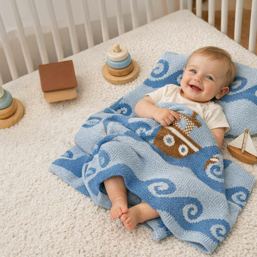 Baby Cotton Knit Coastal Blanket - Boats