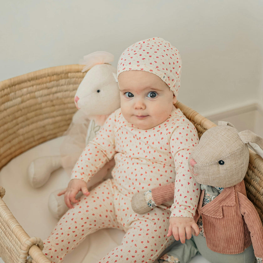 Crinkle Flower Print Onesie Set Cream/Red