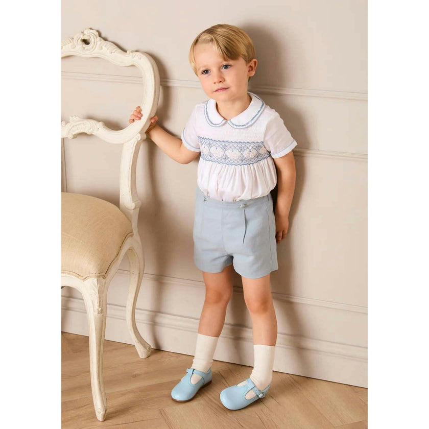 Hand Smocked Peter Pan Collar Short Sleeve Two Piece Set in Sky Blue (12mths-6yrs)