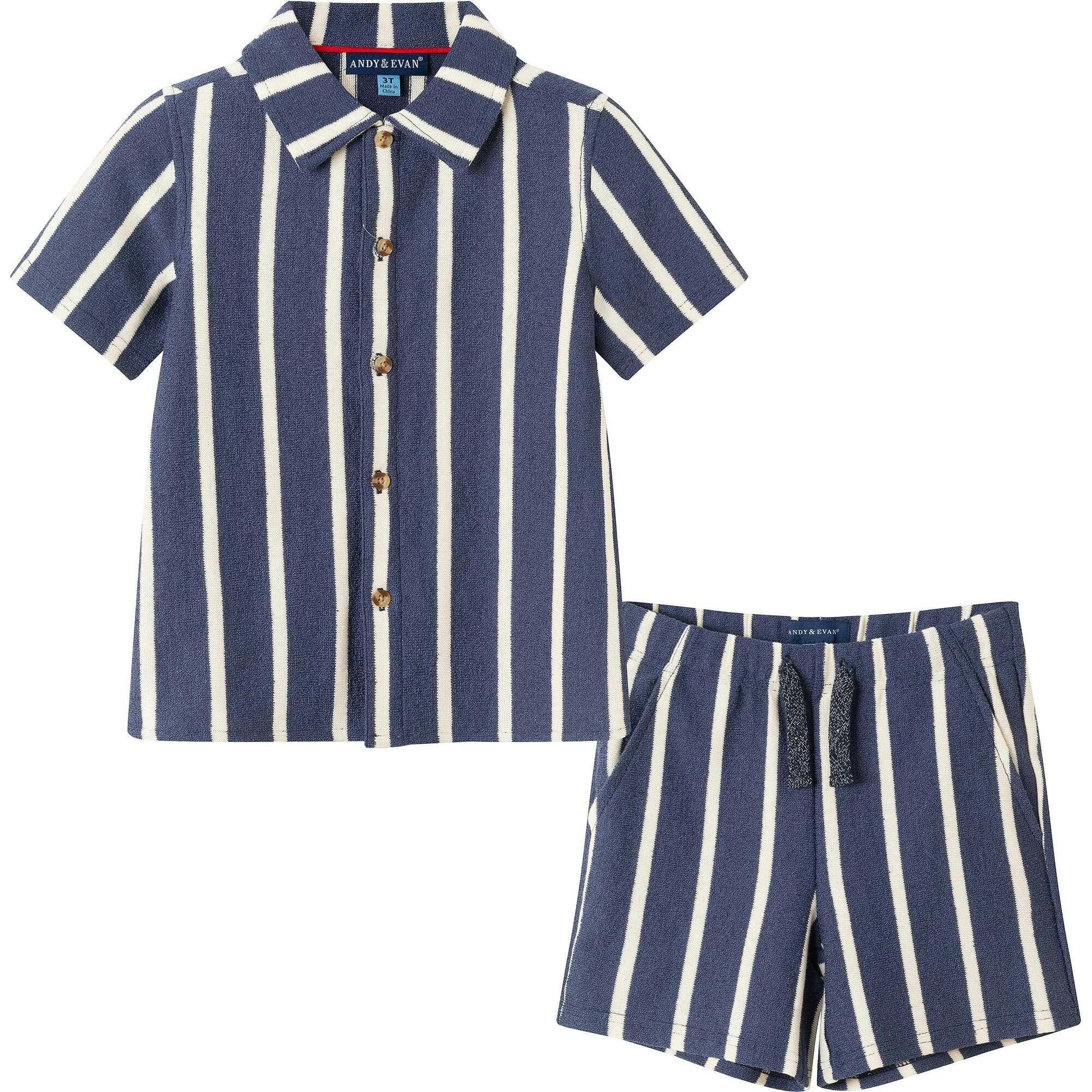 Kids 2-Piece Navy Stripe Textured Terry Matching Short Set