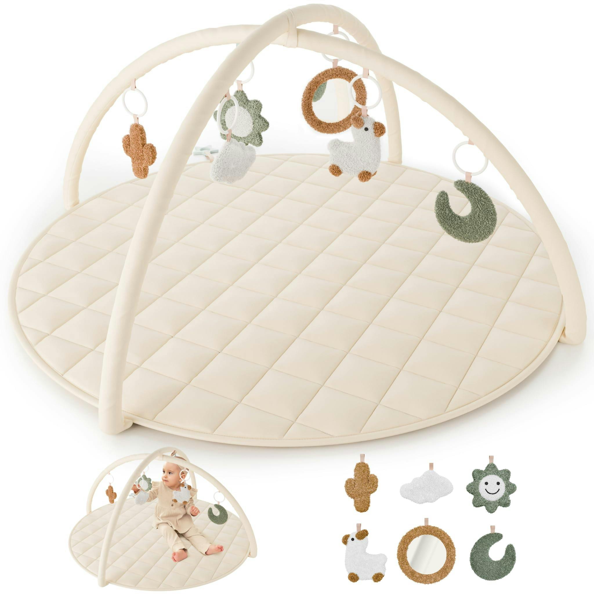 Beautiful Baby Play Gym - Soft Cotton Mat with 6 Cute Toys Creates The Perfect Activity Area for Your Girl/Boy - Stylish Infant Floor Playmat for Playroom