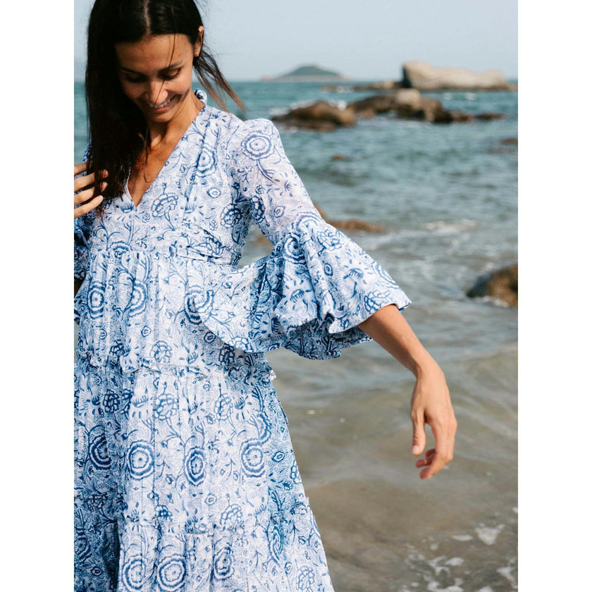 Block Printed Women's Dress - Blue Floral