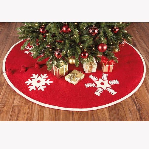 Handmade Snowflakes Red Christmas Tree Skirt Felt 60" / 72"