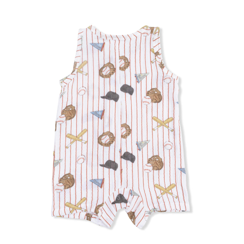 Vintage Baseball Stripe - Muslin Sleeveless Shortie Romper with Bucket Hat