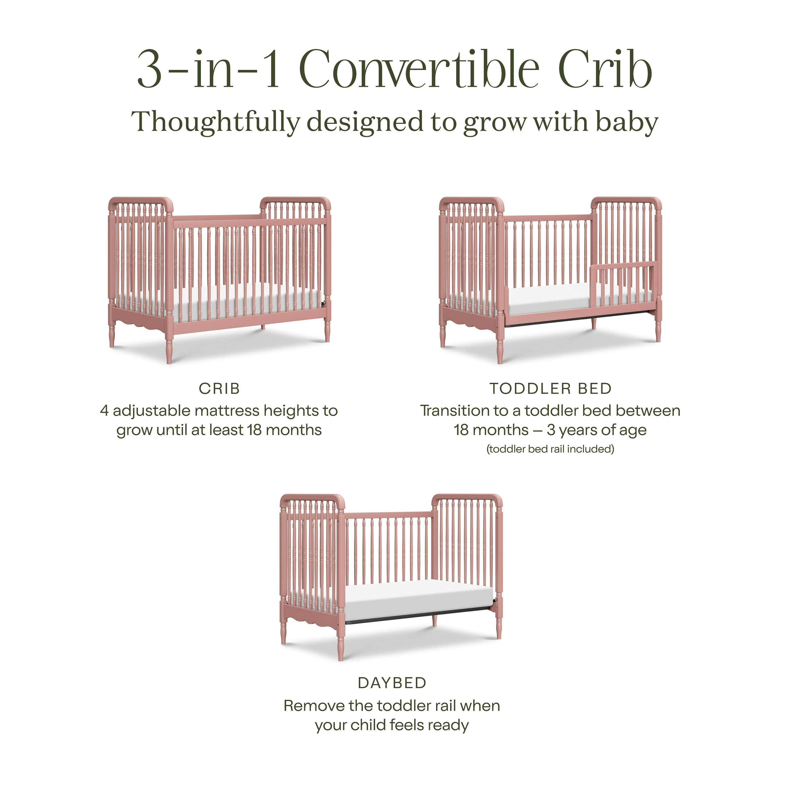 Liberty 3-in-1 Convertible Spindle Crib with Toddler Bed Conversion Kit in Dusty Rose