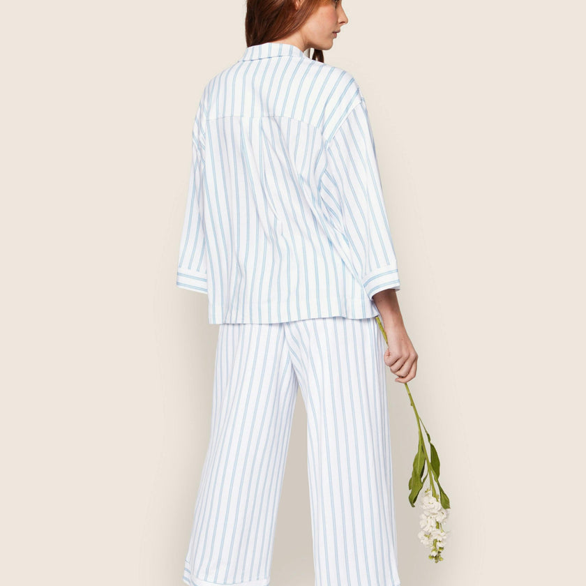 The Olivia Wide Leg Pima Pajama Set in Periwinkle Stripe