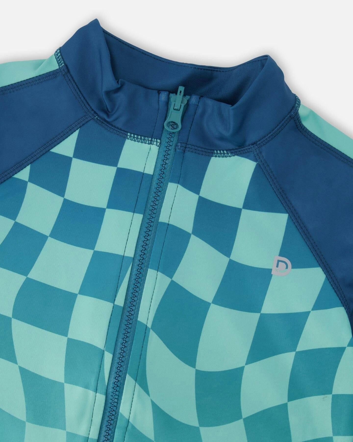 Full Zip Athletic Cardigan In Recycled Polyester Teal Printed Checkerboard