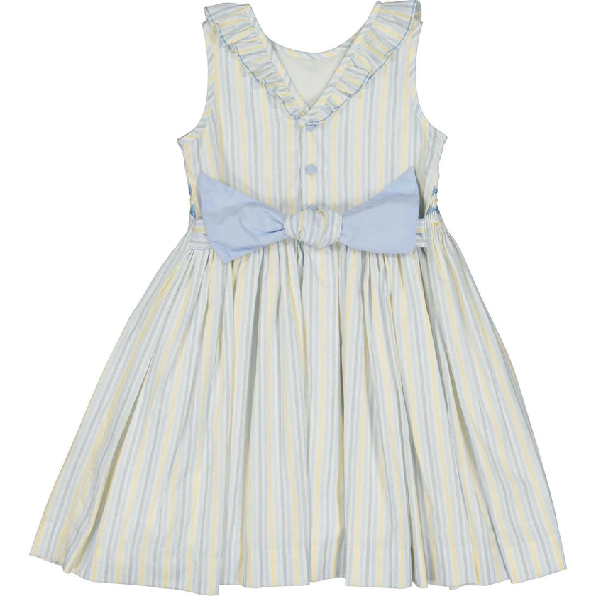 Capucine Blue Yellow Stripe Sleeveless Smocked Dress