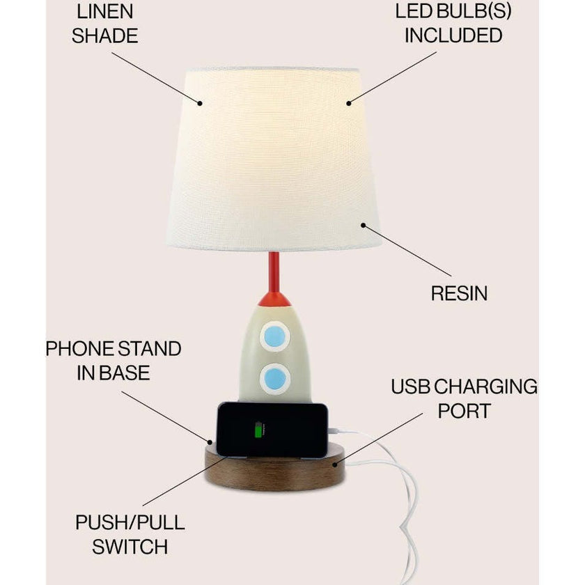 Houston 17.5" Coastal Style Iron/Resin Rocket LED Kids' Table Lamp with Phone Stand and USB Charging Port