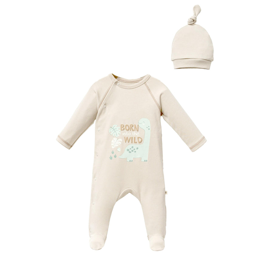 Beige Dinosaur Graphic Babygrow & Hat