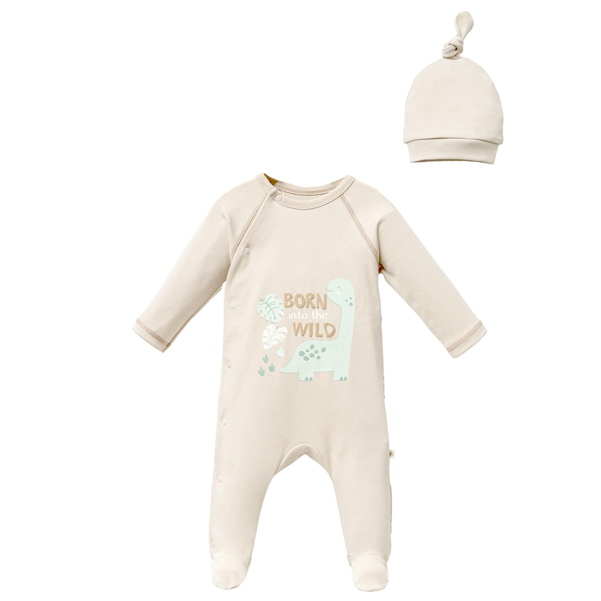 Beige Dinosaur Graphic Babygrow & Hat