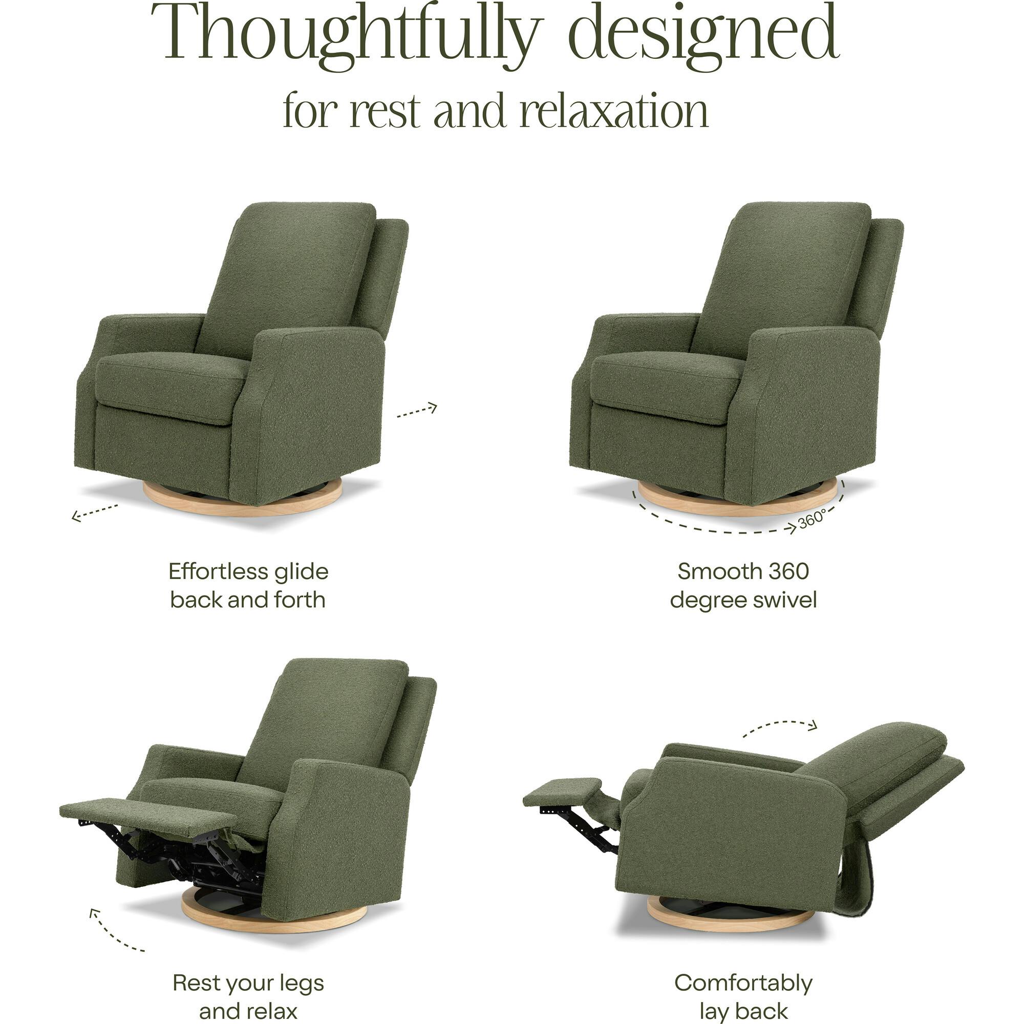 Crewe Recliner and Swivel Glider in Olive Boucle with Light Wood Base
