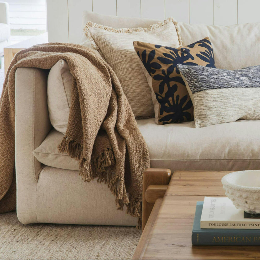 Sand & Sea Blue & Tan Coastal Stripe Lumbar Pillow